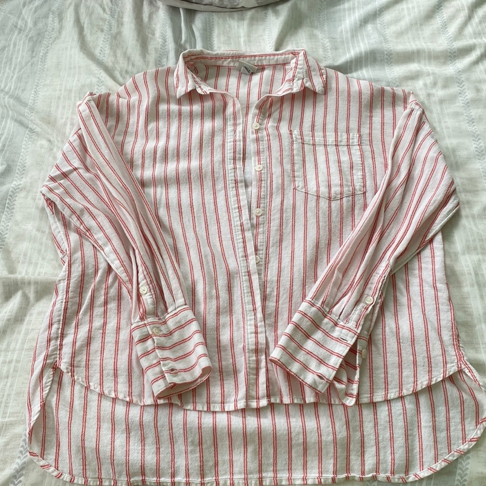 Striped white and red long sleeve button up